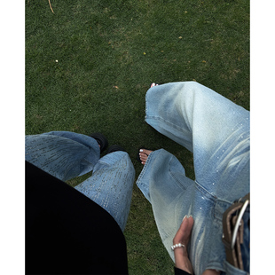 PAPERLLL辛间 Bling蓝天 烫钻猫须纹做旧牛仔裤女春夏高腰阔腿裤