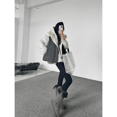 PAPERLLL辛间白鸭绒皮羽绒马甲女款2025新款外穿撞色设计感马夹