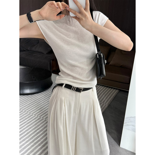 PAPERLLL辛间 J简通勤 复古半高领短袖针织衫女正肩显瘦气质上衣