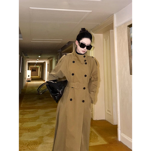 PAPERLLL辛间 微雨伦敦 经典翻立领双排扣系带长款气质风衣外套女