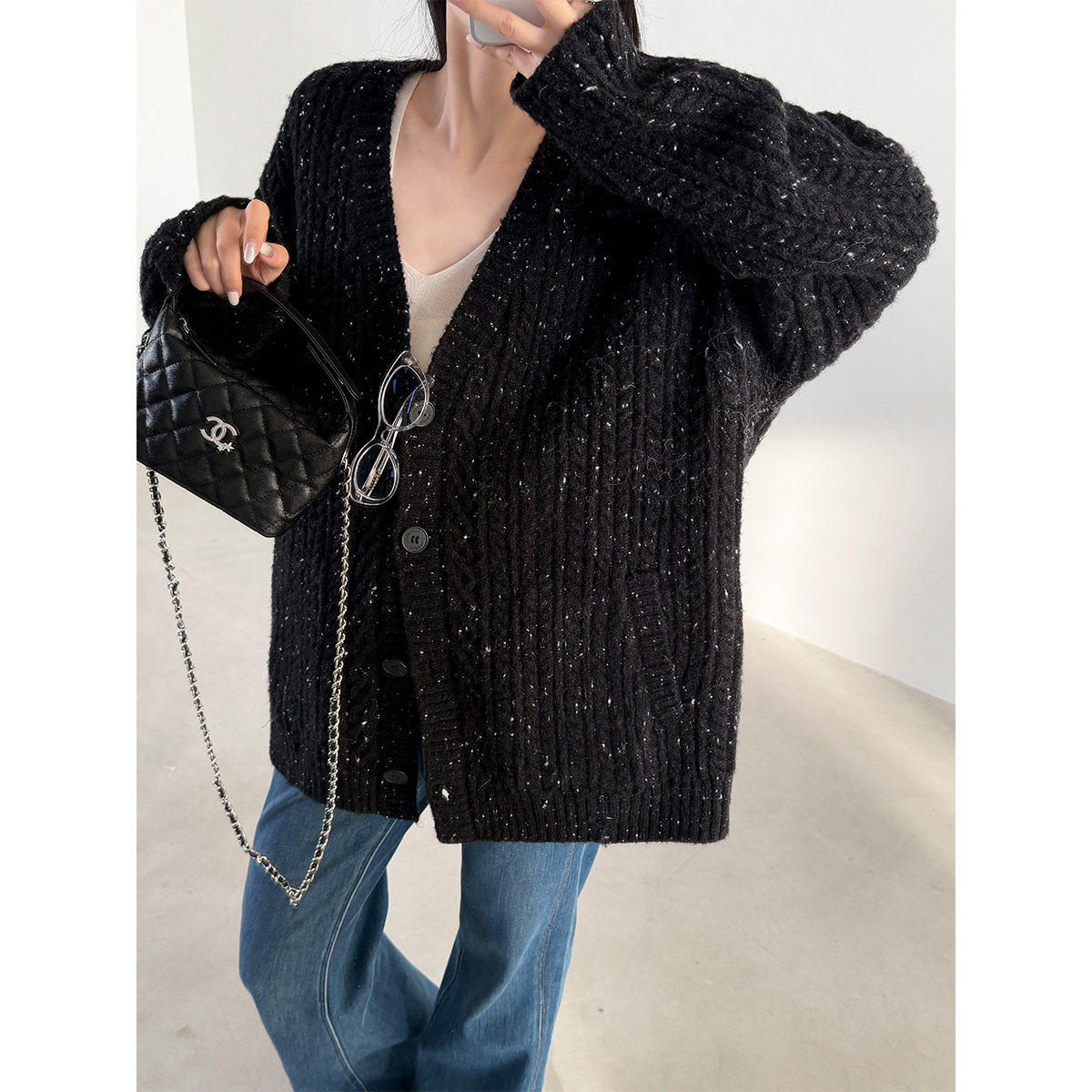 PAPERLLL辛间 织物缀彩 慵懒风V领麻花羊毛针织开衫女冬宽松毛衣,女装/女士精品,毛针织衫,淘宝优惠券,粉丝福利购,淘宝优惠卷