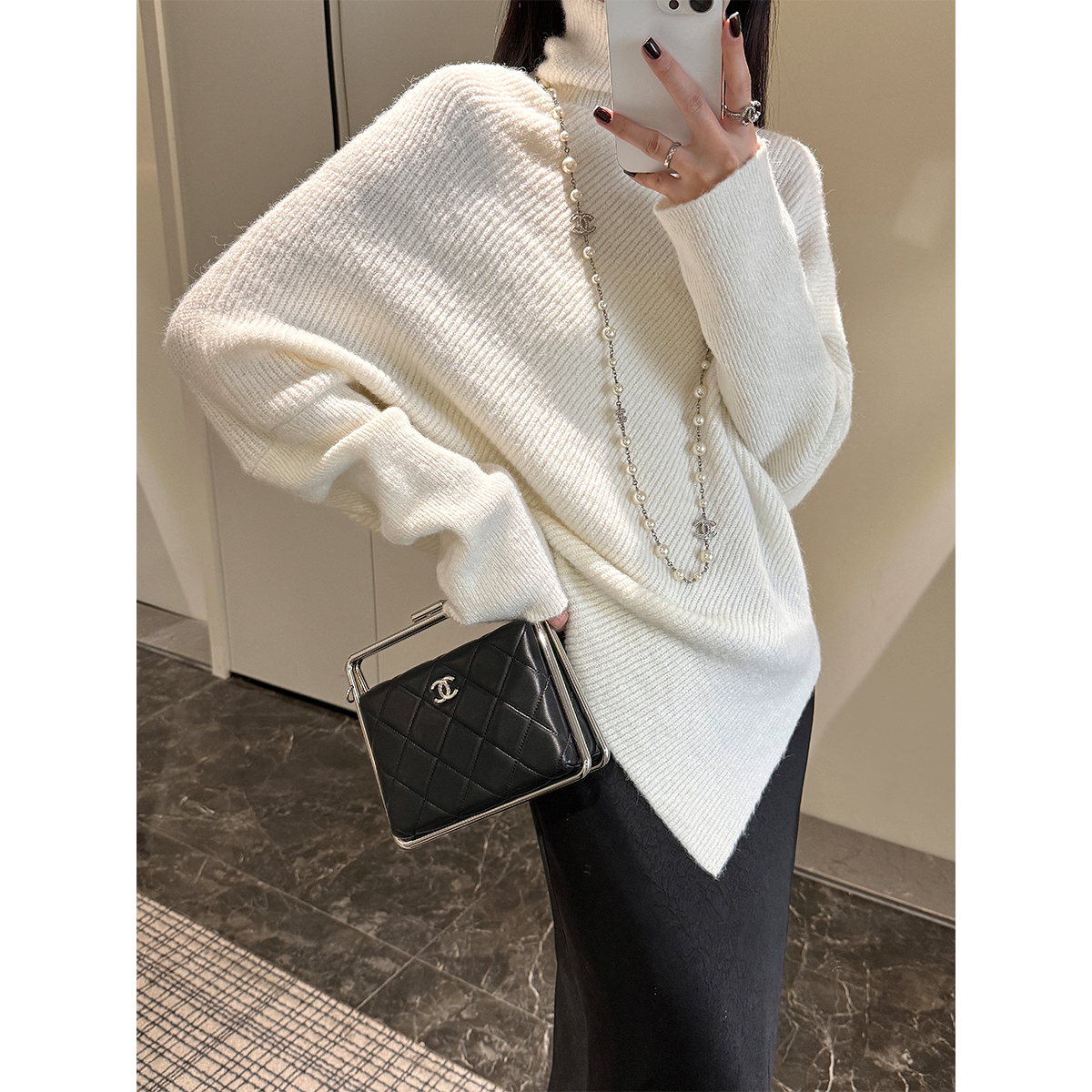 PAPERLLL辛间小众蝙蝠袖不规则下摆高领毛衣女秋冬设计感针织上衣