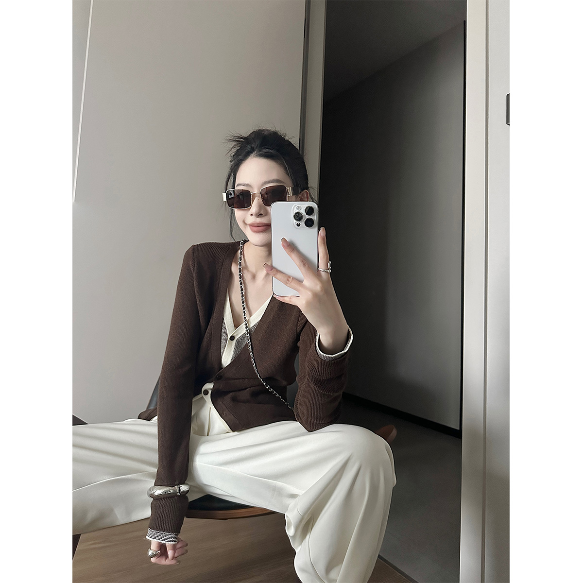 PAPERLLL辛间设计款羊毛假两件开衫女秋季慵懒风休闲宽松针织上衣