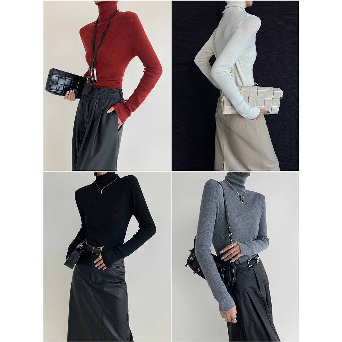 PAPERLLL辛间羊毛高领打底衫女2025新款秋季修身黑色针织内搭上衣