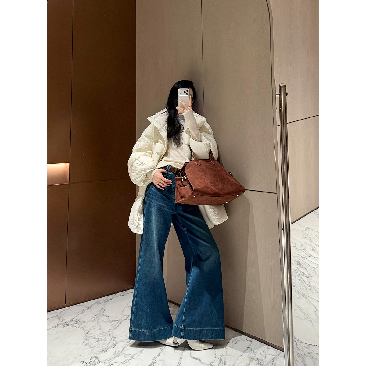 PAPERLLL辛间经典复刻莱赛尔抓绒水洗牛仔裤女秋冬复古高腰阔腿裤