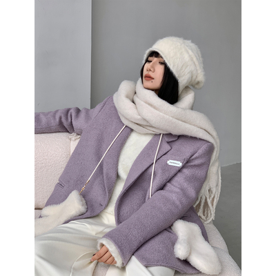 PAPERLLL辛间冬季新款香芋紫毛呢西装外套女休闲宽松加厚上衣