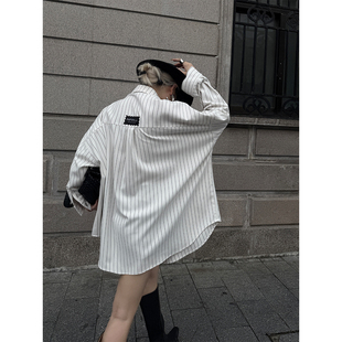 PAPERLLL辛间 JI简线条 中性oversize条纹衬衫女慵懒翻领长袖衬衣