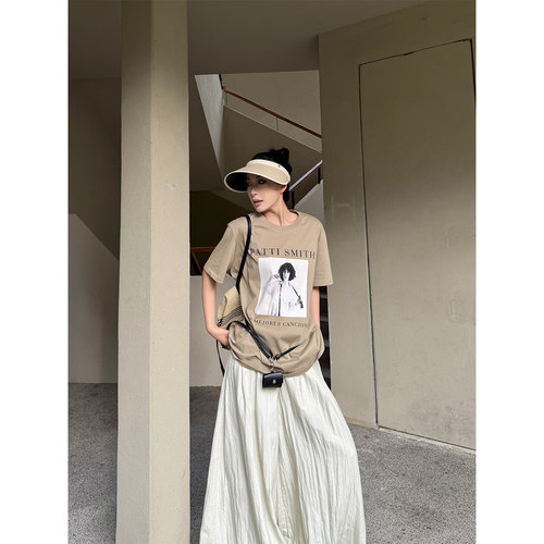 PAPERLLL辛间 LA街头 美式印花系带短袖T恤女夏季宽松圆领上衣