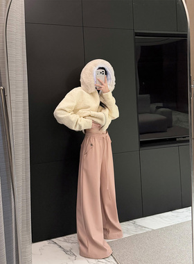 PAPERLLL辛间 松弛间隙 时尚PU加绒皮裤女秋冬休闲抽绳直筒阔腿裤