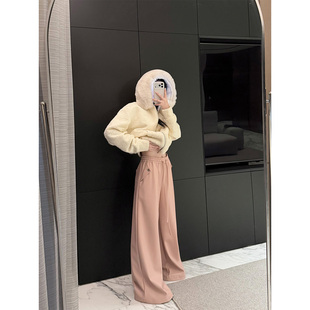 PAPERLLL辛间 松弛间隙 时尚PU加绒皮裤女秋冬休闲抽绳直筒阔腿裤