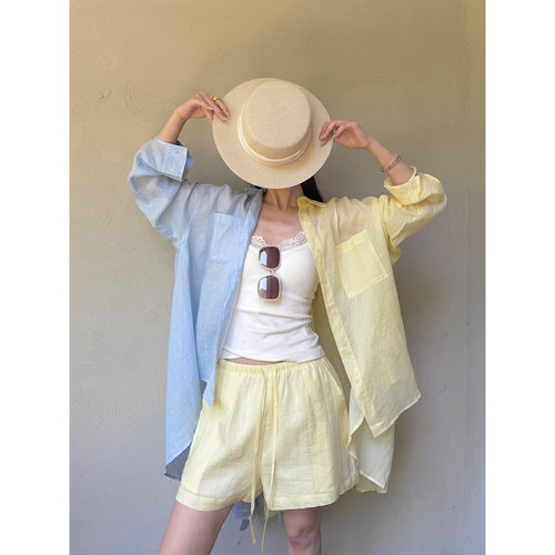 PAPERLLL辛间 夏日氧气感 苎麻天丝宽松衬衫抽绳短裤女夏休闲套装