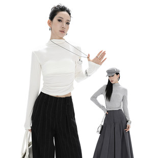 PAPERLLL辛间 知性简韵 半高领打底针织衫女春季修身收褶内搭上衣