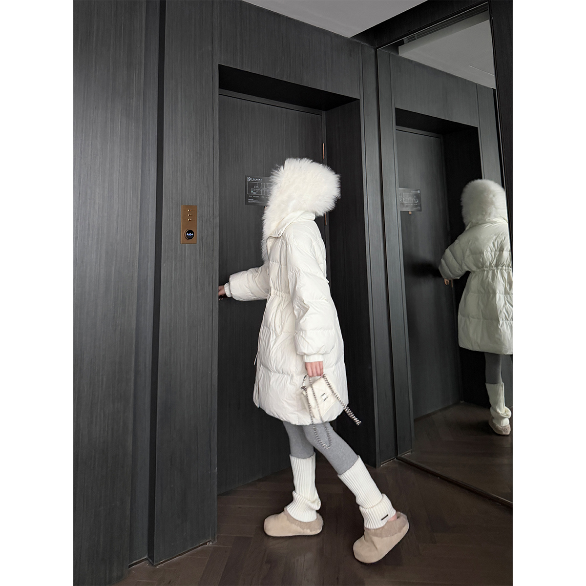 PAPERLLL辛间 初雪之约 真狐狸毛领中长款带帽白鸭绒羽绒服女冬