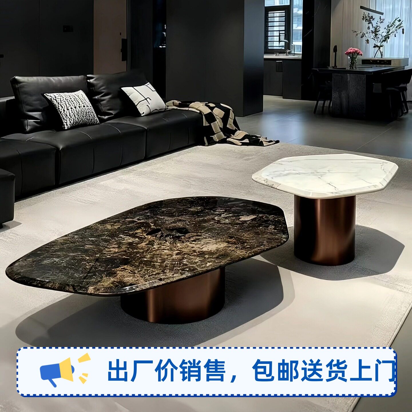 意式轻奢铂金钻大理石茶几现代极简简约设计氛围感圆形大理石茶几