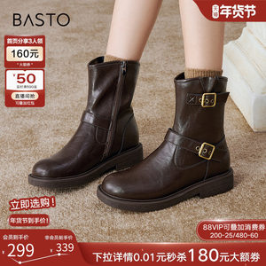 百思图冬新款潮酷加绒保暖粗跟女马丁靴通勤皮短靴棉鞋W2551DZ4