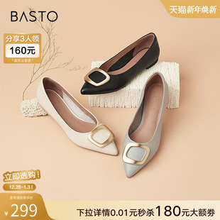 百思图秋商场同款 RGR36CQ1 百搭通勤方扣尖头低跟晚晚风女单鞋