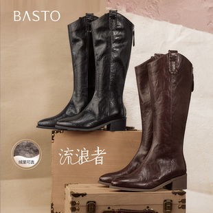 百思图25冬商场新款 试用 V口骑士靴女加绒长靴F3018DG5 新品