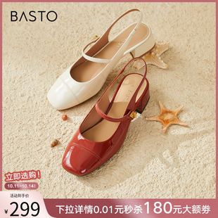 后空女凉鞋 方头粗跟红色玛丽珍鞋 RA501BH4 商场新款 百思图夏季