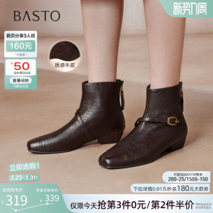 靴F3051DD5 通勤方头复古短靴粗跟女时装 百思图冬季 商场新款