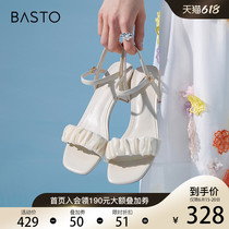 BM730BH2夏新商場同款牛皮革粗跟后空涼鞋2022百麗通勤尖頭單鞋女