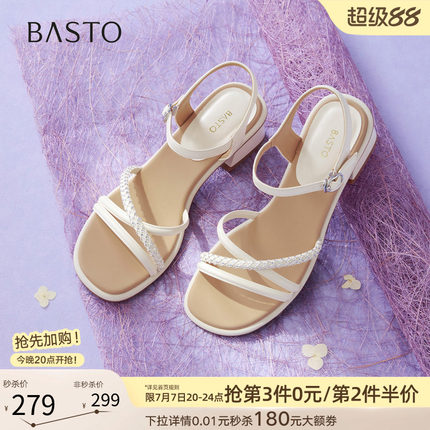 百思图2026夏季商场新款一字带凉鞋休闲露趾粗跟女凉鞋O7988BL6
