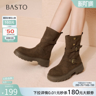 百思图冬季 复古西部靴堆堆靴厚底加绒女驼色短靴BP335DZ5 新款