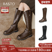 百思图冬潮酷扣带棕色骑士靴高筒显瘦百搭女长筒靴W2088DG4Z