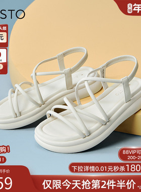 百思图夏季商场新款复古舒适条带罗马凉鞋厚底女凉鞋UCX07BL4