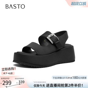 百思图夏季 黑色老爹运动凉鞋 休闲女沙滩凉鞋 F5181BL5 商场新款