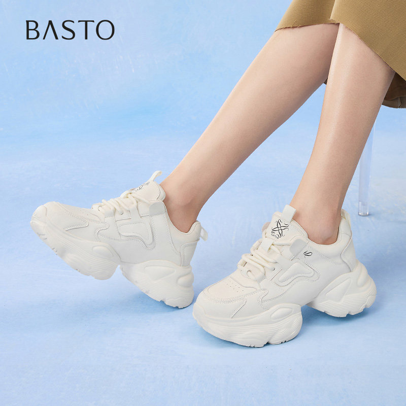 百思图春秋新款高跟白色老爹鞋厚底增高女运动休闲鞋D3105CM5
