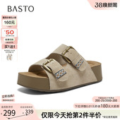 休闲外穿女平底拖鞋 真皮厚底勃肯鞋 D5008BT6 新款 百思图2026夏季