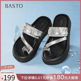 厚底外穿女拖鞋 套趾一字拖沙滩拖鞋 F2121BT5 新款 百思图2025夏季