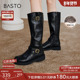 百思图冬扣带加绒厚底骑士靴小个子高筒靴女长靴W0819DG4Z