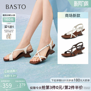 百思图2026夏季商场新款复古高跟绑带罗马凉鞋粗跟女鞋F5028BL6