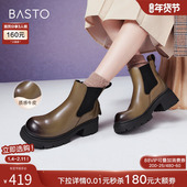 百思图冬季 商场新款 牛皮高跟卡其色烟筒靴切尔西靴女短靴BF501DD4