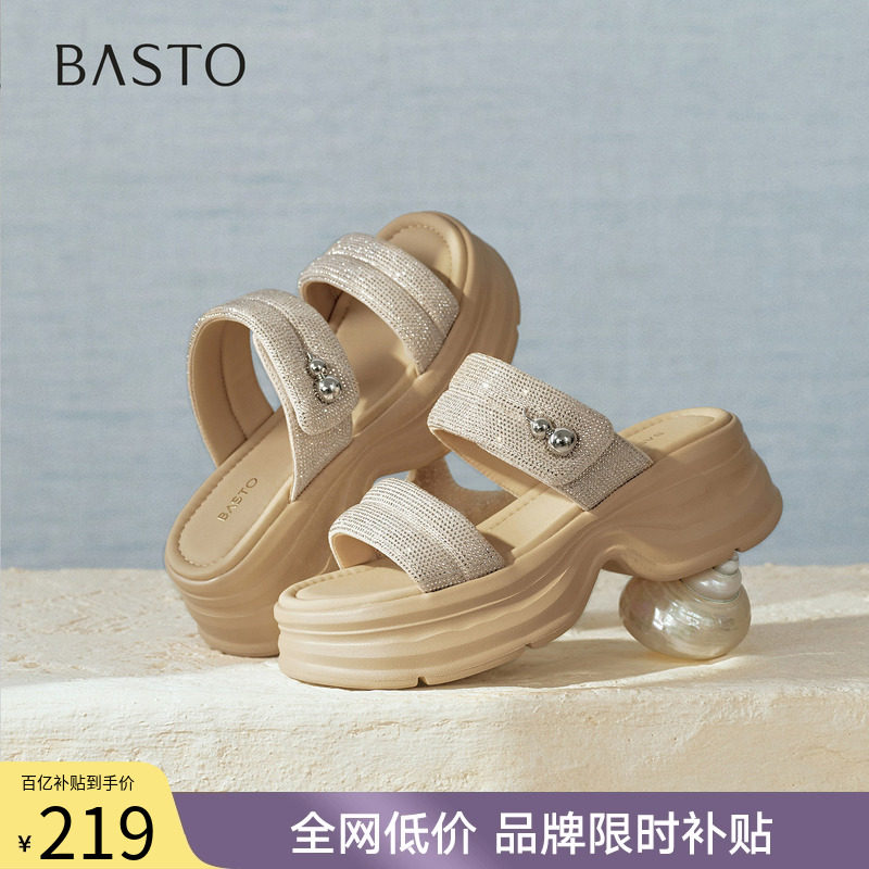 百思图2026夏季新款时尚水钻厚底休闲外穿露趾凉拖鞋女鞋BP913BT6