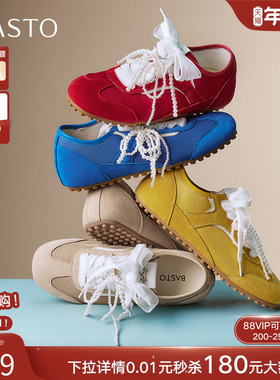 百思图2025秋新款真皮珍珠蕾丝蝴蝶结芭蕾德训鞋女休闲鞋A1981CM5