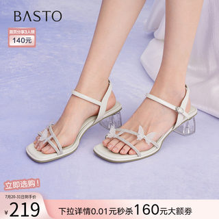百思图2025夏季新款时尚仙女风透明跟一字带粗跟女凉鞋BP925BL5
