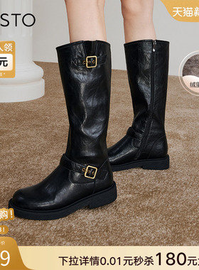百思图冬扣带加绒厚底骑士靴小个子高筒靴女长靴W0819DG4Z