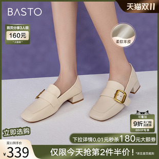 单鞋 粗跟方头女小皮鞋 A2595AA5 超软羊皮乐福鞋 百思图2025春新款