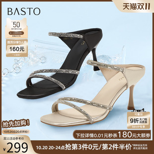 女凉鞋 气质优雅一字带细跟高跟鞋 E5061BL5 商场新款 百思图2025夏季