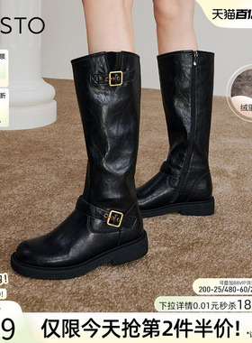 百思图冬新款扣带加绒厚底骑士靴小个子高筒靴女长靴W0819DG4