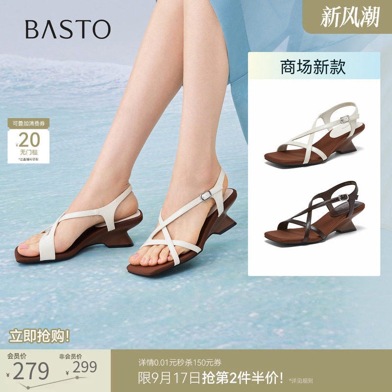 百思图2026夏季商场新款绝美高跟绑带罗马凉鞋粗跟女鞋F5028BL6图片