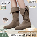 百思图冬季新款加绒西部靴弹力瘦瘦靴堆堆靴高筒女长筒靴W2671DG4