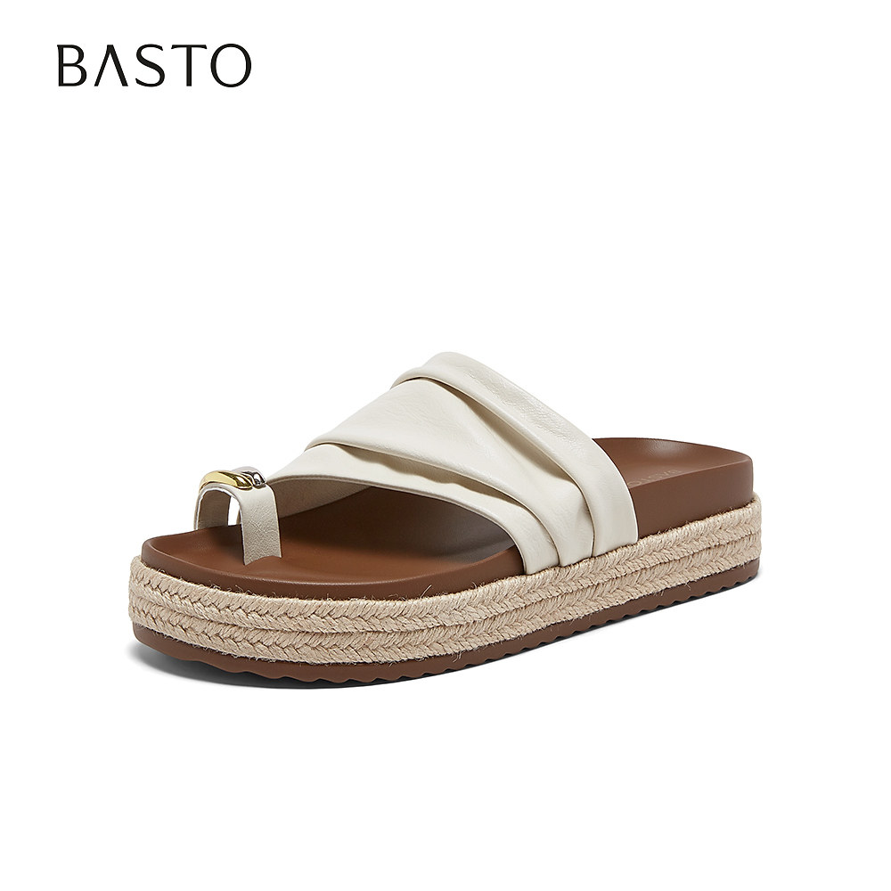 百思图2026夏季新款厚底草编夹趾一字拖休闲外穿女拖鞋F2073BT6