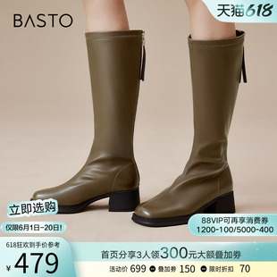 西部骑士靴粗跟女棕色长筒靴子MD352DG3 百思图冬时尚