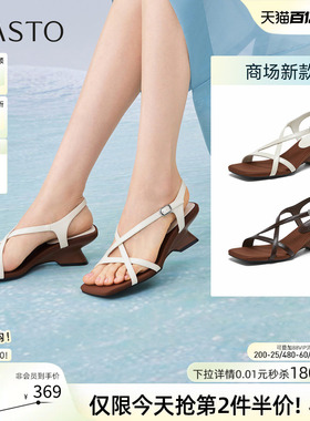 百思图2026夏季商场新款复古高跟绑带罗马凉鞋粗跟女鞋F5028BL6