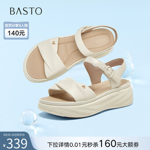 UCL86BL5 百思图2025夏季 商场新款 羊皮休闲凉鞋 厚底增高女沙滩凉鞋