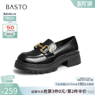 新款 女单鞋 时尚 小皮鞋 TFW48AA4 通勤厚底圆头乐福鞋 百思图春季