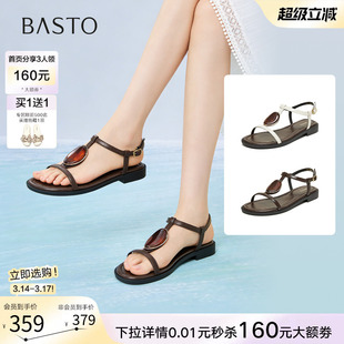 百思图2026夏季商场新款复古休闲平底条带罗马凉鞋女鞋S5501BL6